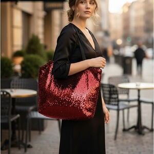 Tamsy Red‎ Sequin Tote Bag Sparkly Shoulder Bag Party Evening Handbag